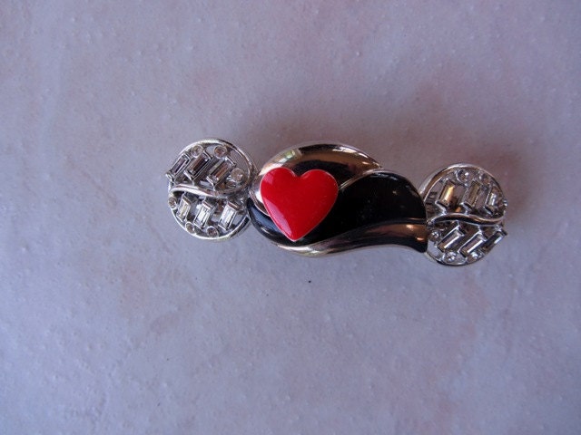 Handmade Woman's Barrette, Repurposed Earrings, Now, Hair Barrette, Silver Black and a Red Heart, Recycled, Upcycled