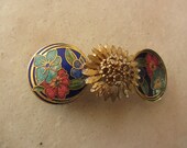 Handmade Woman's Barrette, Repurposed Hair Barrette, Gold Flower Center with Blue and Red flower printed end pieces, , Recycled, Upcycled