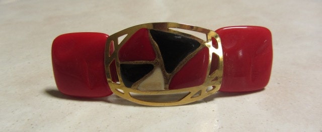 Red Black Gold Handmade Barrette, Repurposed Recycled