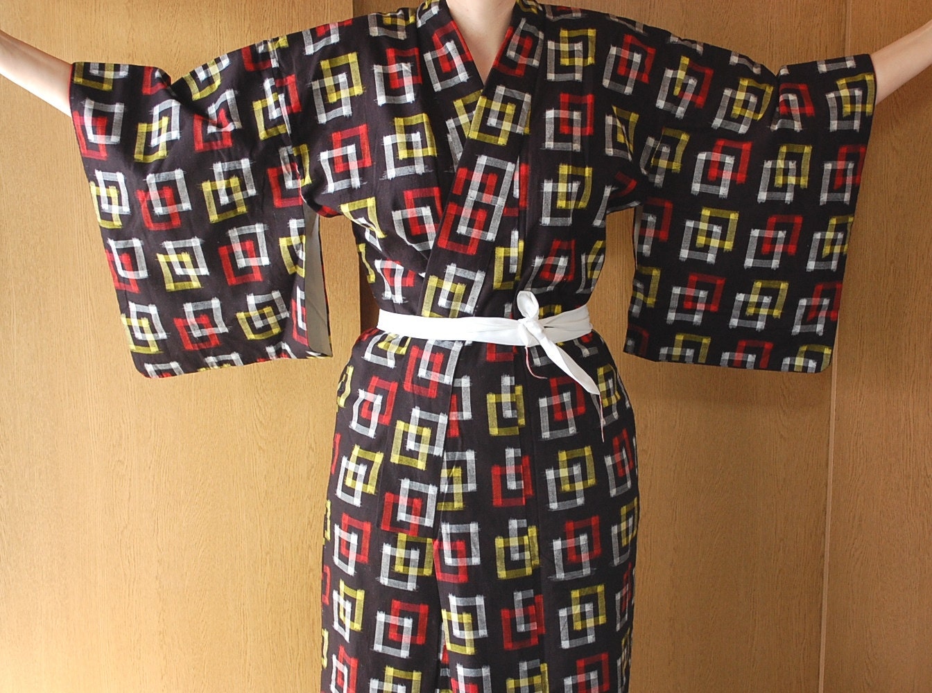 Japanese Kimono Yellow Red White On Black