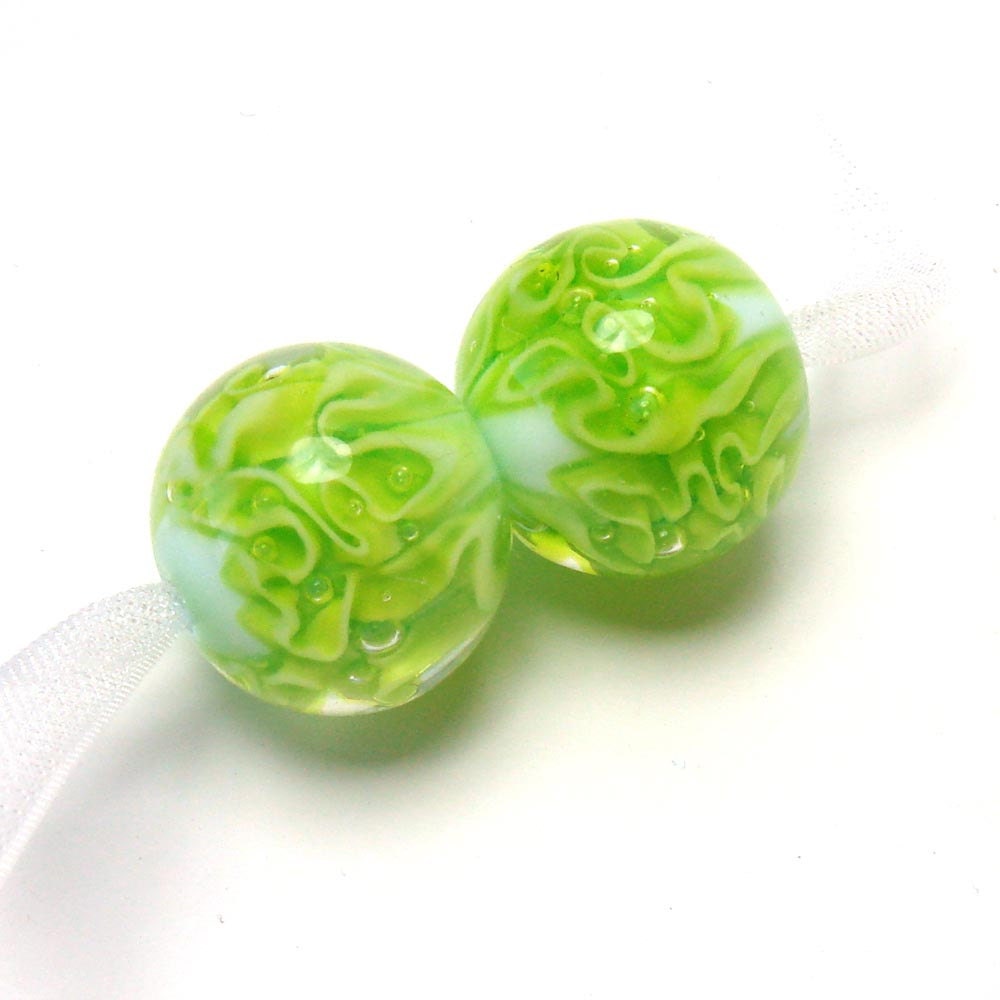 Handmade lampwork beads  -  Lime Ribbon Squiggles  -  aqua, green, earring pair, round glass beads