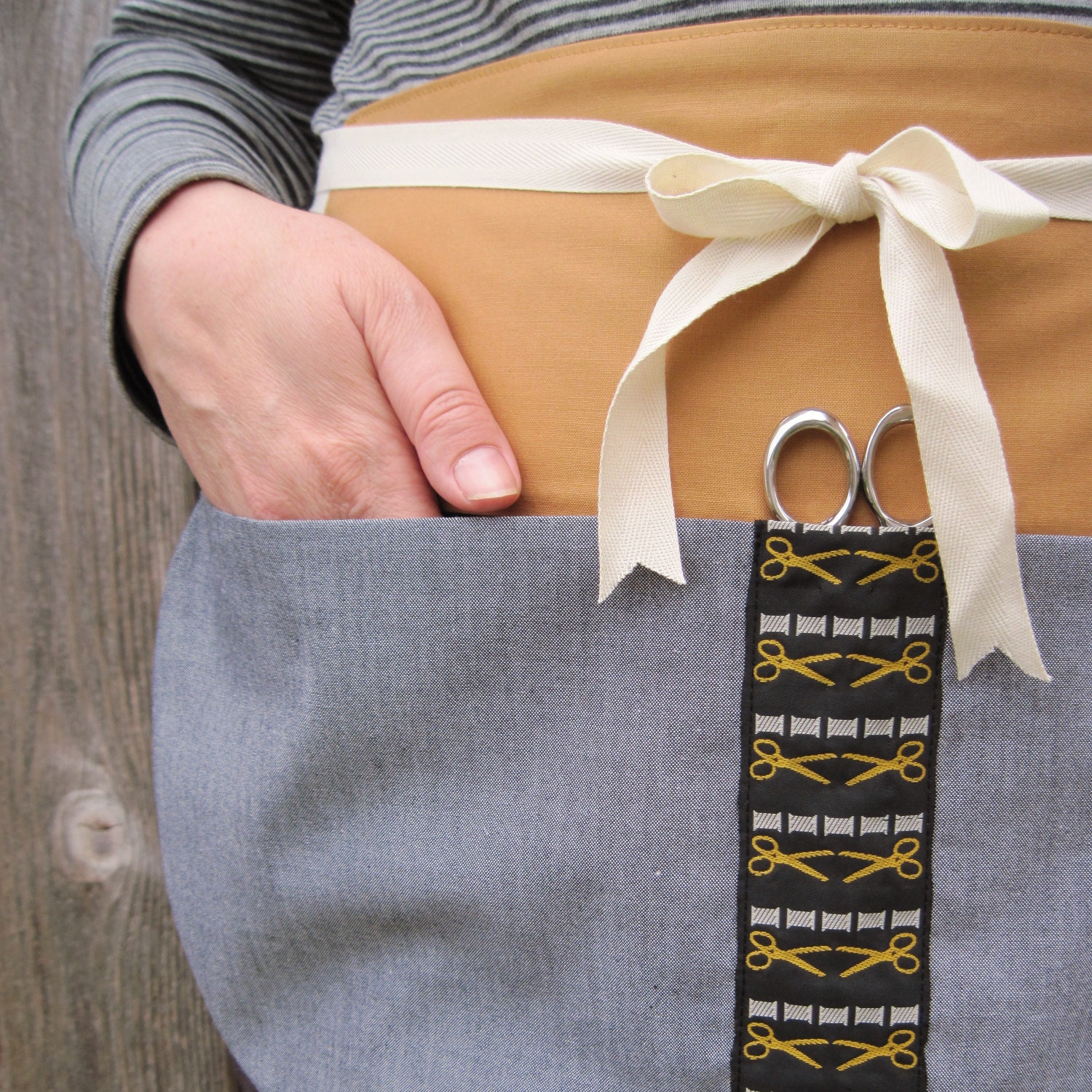 Seamstress/Quilter/Sewing Apron - New Item, Chambray and Amber Utility Half Apron with Scissors & Spools Ribbon, Craft Vendor Utility Hobby