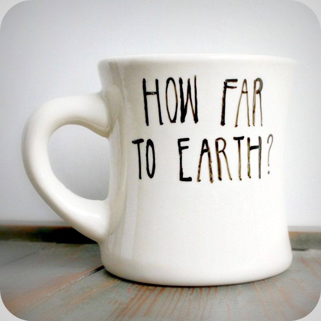 Sci Fi Funny Mug coffee tea cup diner mug black white hand painted earth alien outer space fantasy