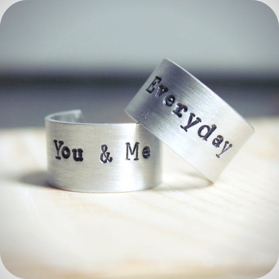 Wedding Band Ring Set aluminum adjustable hand stamped mens womens unisex You and Me Everyday his hers just married