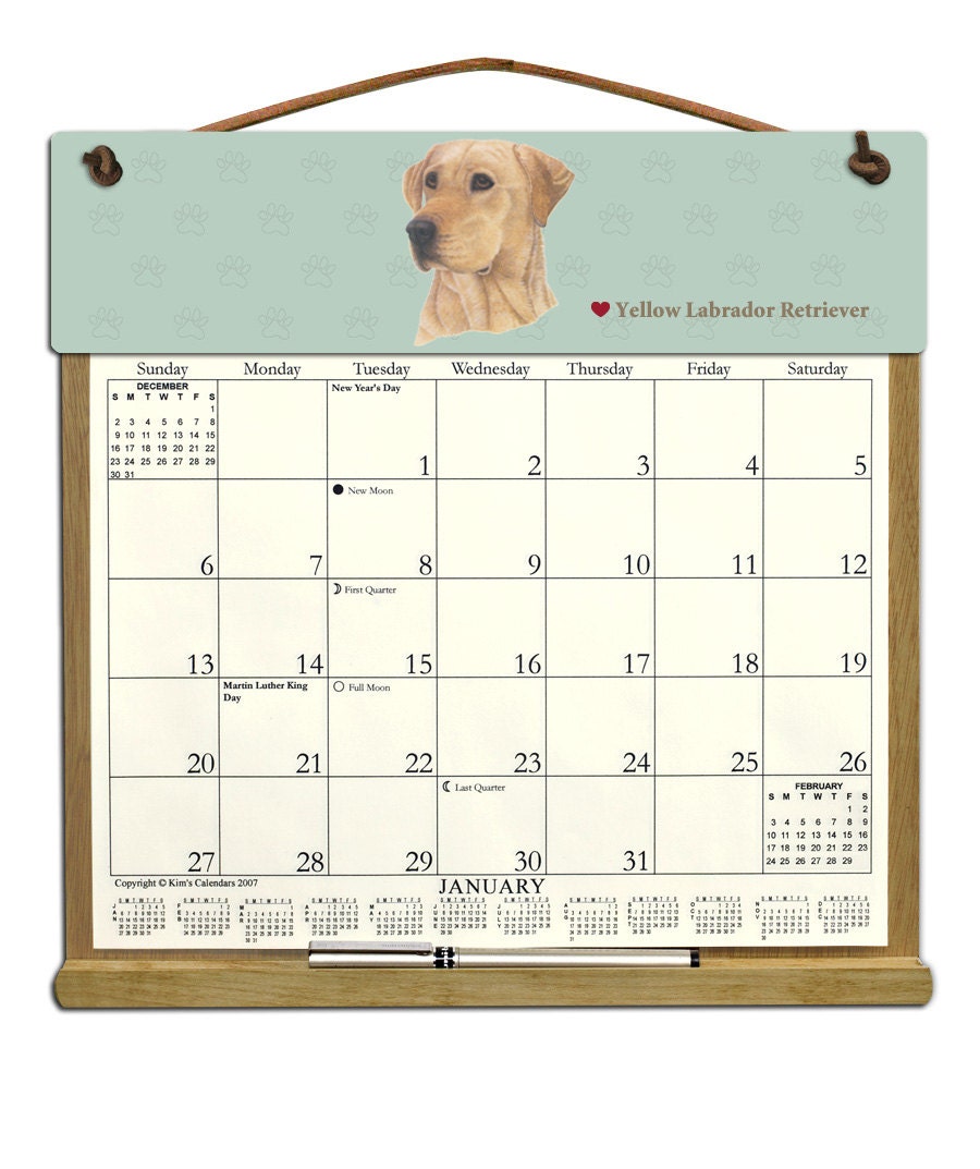 Yellow Labrador Retriever  Dog Wooden Refillable  Calendar Holder filled with 2013 & 2014 calendars.