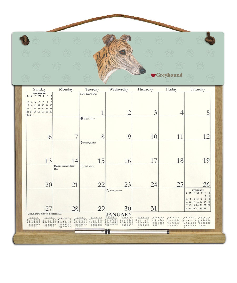 Greyhound Dog Wooden Refillable  Calendar Holder filled with 2013 & 2014 calendars.