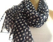 Navy Blue and White..Polka dots..Chiffon scarf....Parisian Neck Tissu