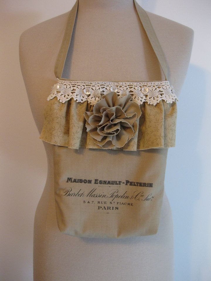 Cross-body Tote, Kindle, Nook, Flea Market Tote, Embellished, French Country, Tan, Rose, Ruffle, Ereader Tote