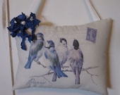 French Country, Blue Birds, Graphic Pillow, Hanging Pillow, Romantic, Cottage Chic, Ribbon