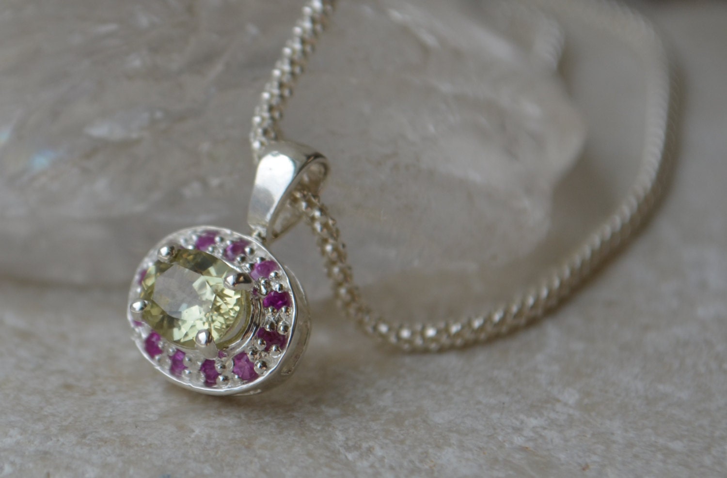 Pink Sapphire and Chrysoberyl Halo Necklace in Sterling Silver