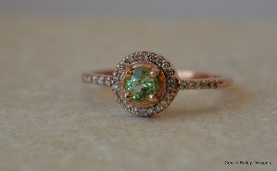 Rose Gold Halo Ring With Merelani Mint Garnet and Diamonds - Introductory Price