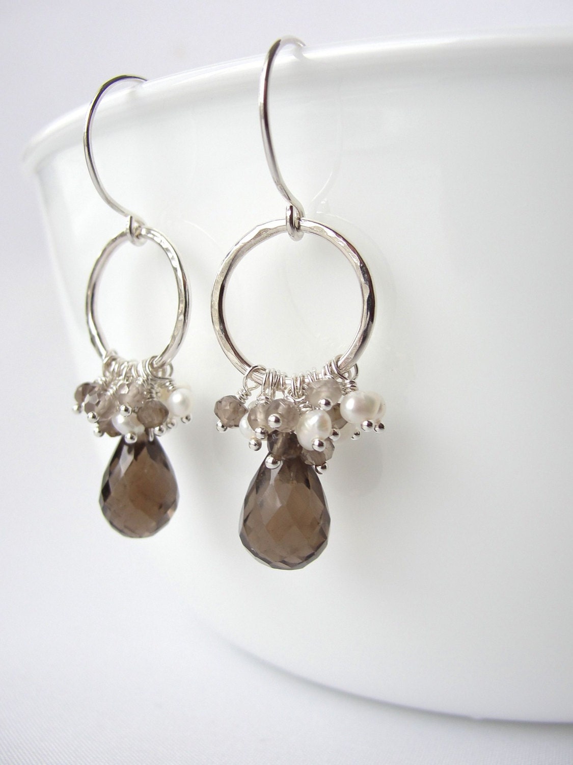 Smokey Quartz Earrings, Sterling Silver Hoops, Brown Gemstone Cluster Earrings with Pearls