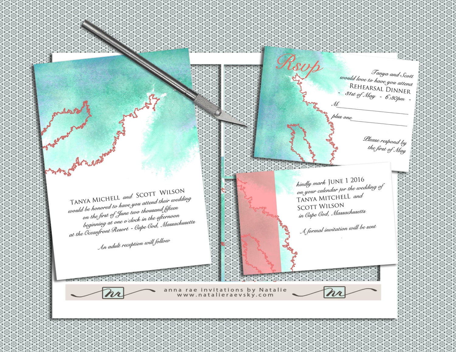 DIY- Watercolor and Coral, printable Wedding Invitation Suite