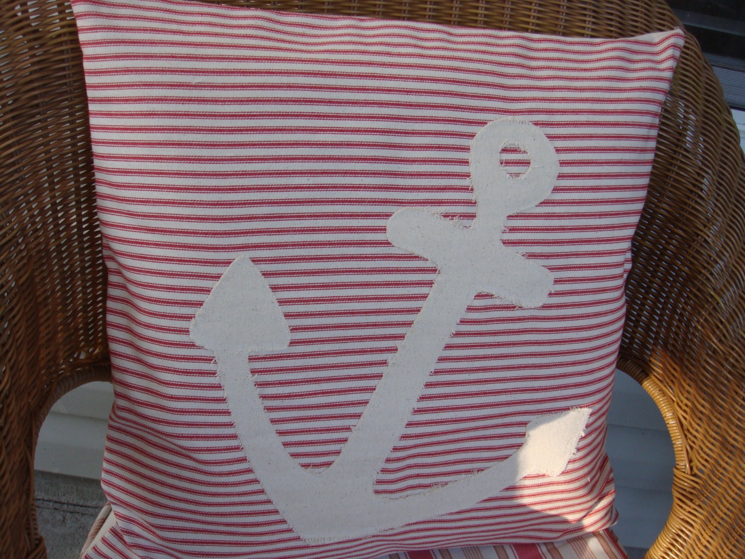 Nautical Red Ticking pillow COVER with Canvas Anchor