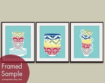 Modern Pattern Stacked Bowls and Cups - Set of 3 11x14 Art Prints (Featured in Assorted Colors) Customizable colors