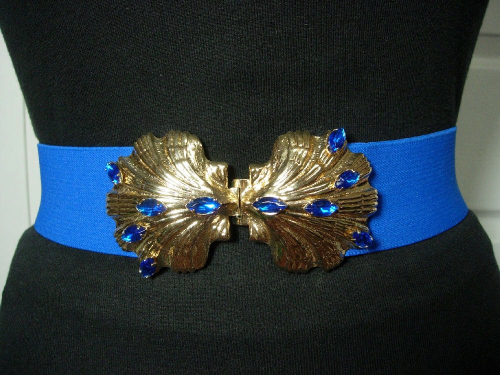 Vintage Blue Elastic Adjustable Cinch Wide Belt With Removable Gold Metal Shells Buckle