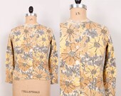 1960s Floral Cardigan - Womens L - Button Up Sweater Yellow Tan / Camel Grey Cream 60s Acrylic Helen Harper Print Collection Flowered Jumper