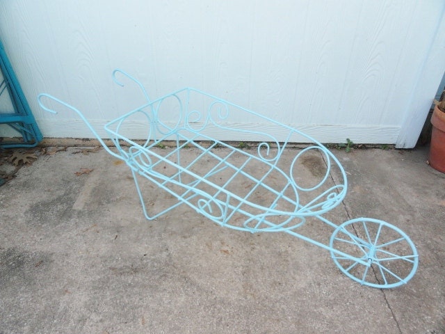 Vintage Spring Garden Wheelbarrow Plant Holder Shower Decor Aqua