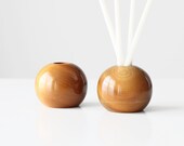 Vintage Modern Sphere Candle Holders / Glossy Natural Wood