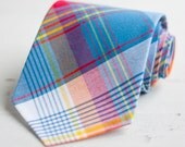 The Beau- men's blue/orange/red/yellow plaid necktie