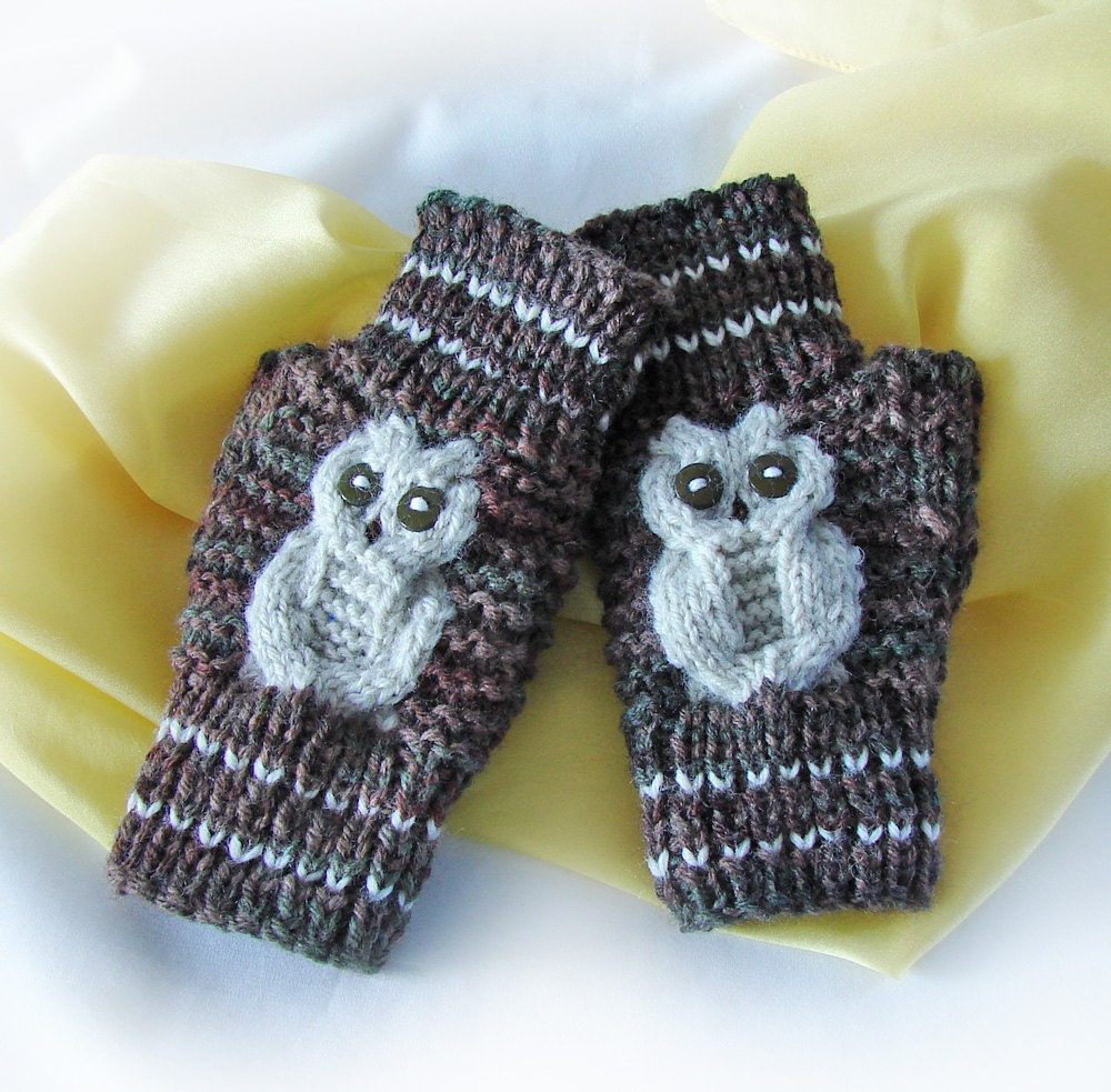 Owl Fingerless Gloves - Woodsy Brown and Green with Natural Owl - Acrylic-Wool Blend