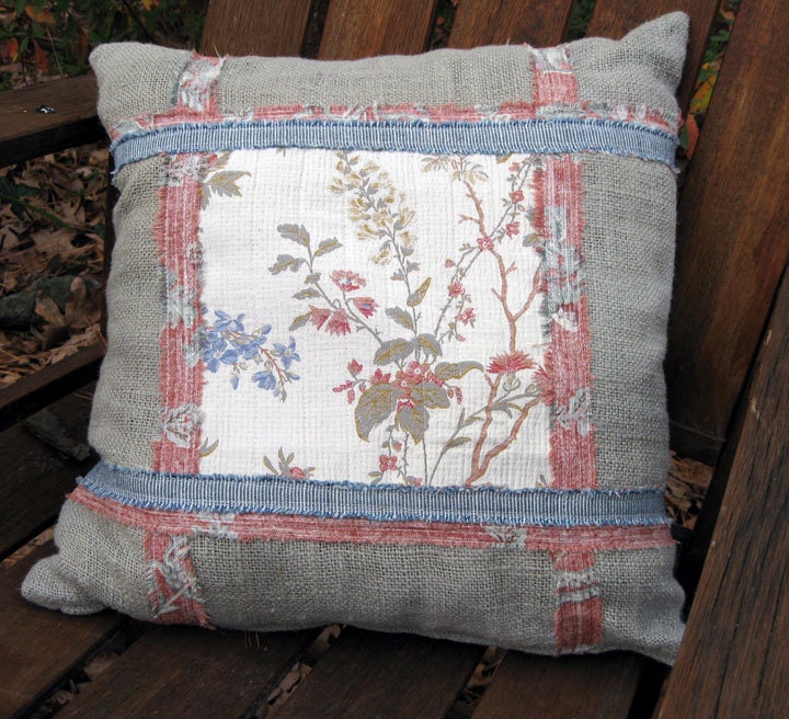 Quilted 18" Pillow Cover in Blue and Rose made from Vintage and Reclaimed Fabrics