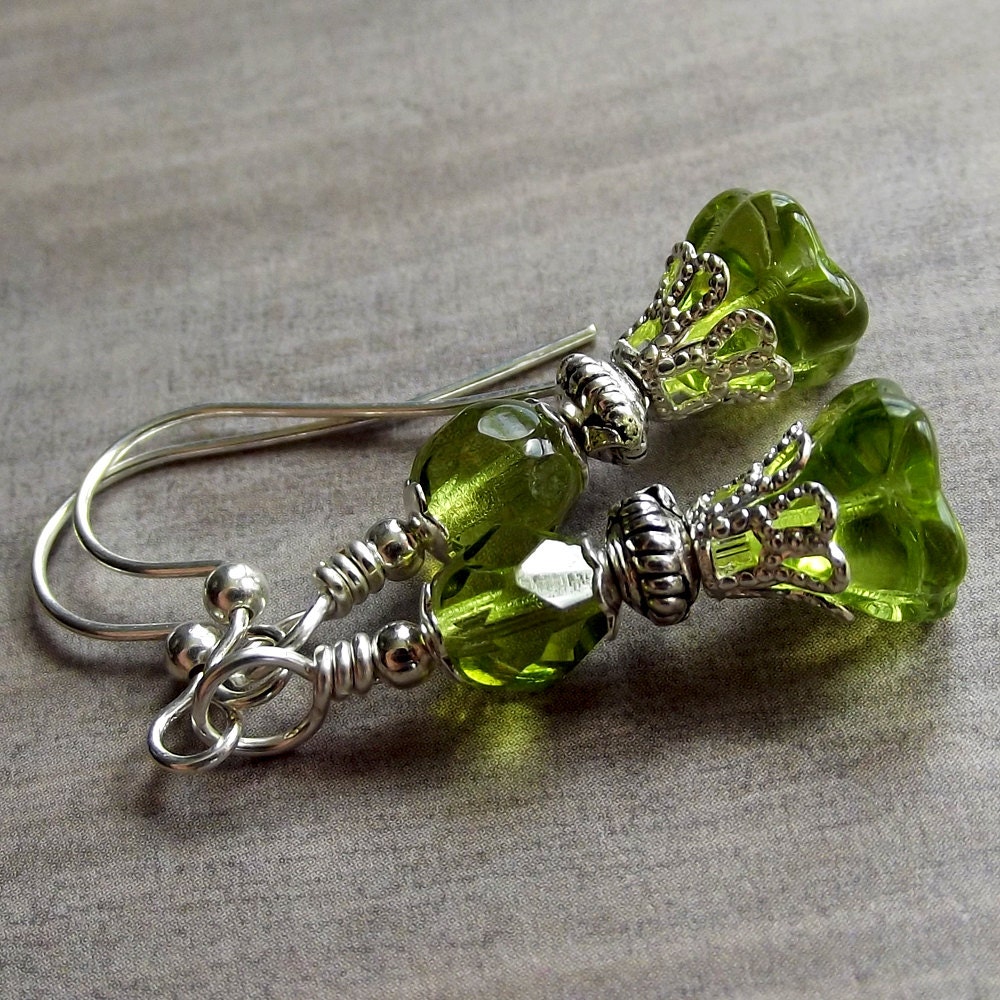 Handmade Earrings -Lime Green Flower & Green Crystals