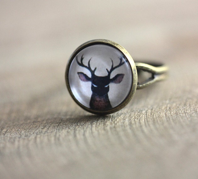 Ring, Adjustable, Deer Cabochon, Resin, Antiqued Brass - DEER