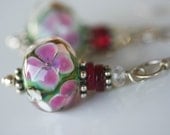 Pink Floral earrings, artisan lampwork with sterling - LibertyOriginals