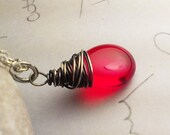 Ruby Red Czech Glass Oxidized Silver Wire Wrapped Necklace