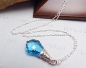 Light Blue Necklace Swarovski Crystal Silver Wire Wrapped Pendant
