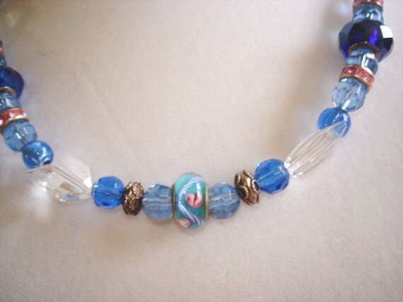 Sale Multi Color Glass Crystal Rhinestone Lucite Flower  Beads Jewelry Necklace 22" 925 Silver Clasp. KL Design