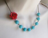 Red and Turquoise Necklace. Flower Necklace. Turquoise Statement Necklace. Bridal Jewelry. Bridesmaid Necklace. Beaded Necklace