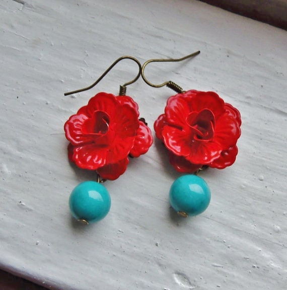Red and Turquoise Earrings. Bridal Jewelry. Flower Earrings. Bridesmaid Earrings. Wedding Jewelry.