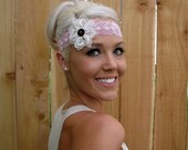 Stretch Lace Headband in Antique Rose with Lace Flower and Natural Vegan Coconut Shell Button