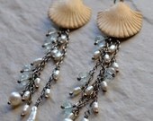 SALE Sterling Silver White Fresh Water Pearl Aquamarine and Ceramic Shell Earrings