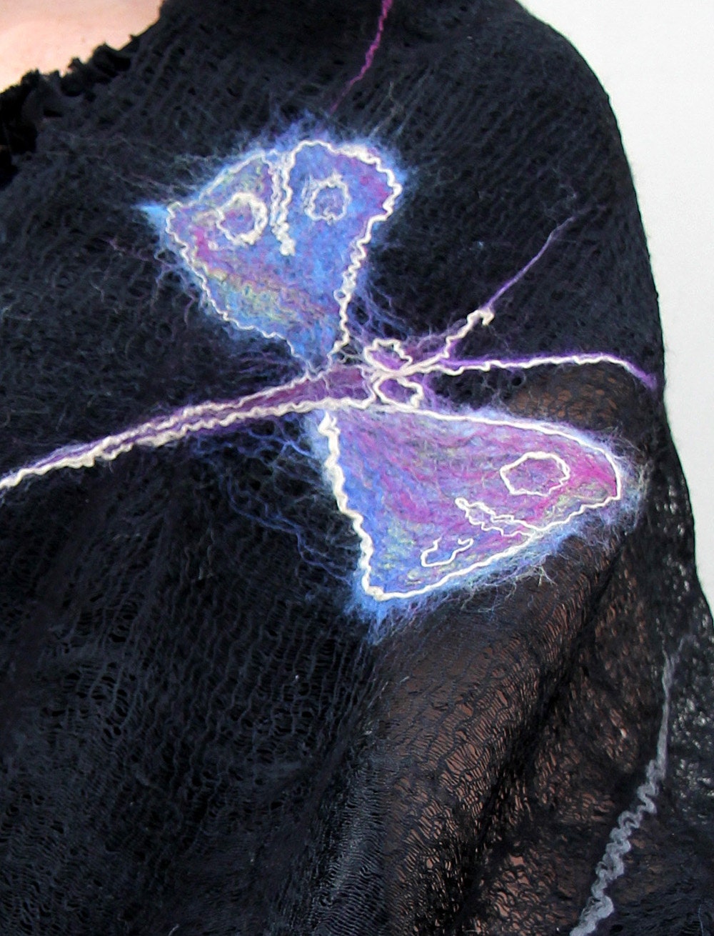 Made to order nuno felted scarf shawl merino wool silk black dragonfly purple violet plum feminine romantic spring fashion