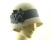 Gray Cloche Hat for Women - Downton Abbey Style Cloche Hat - Blue Ribbon Grapes and Leaves