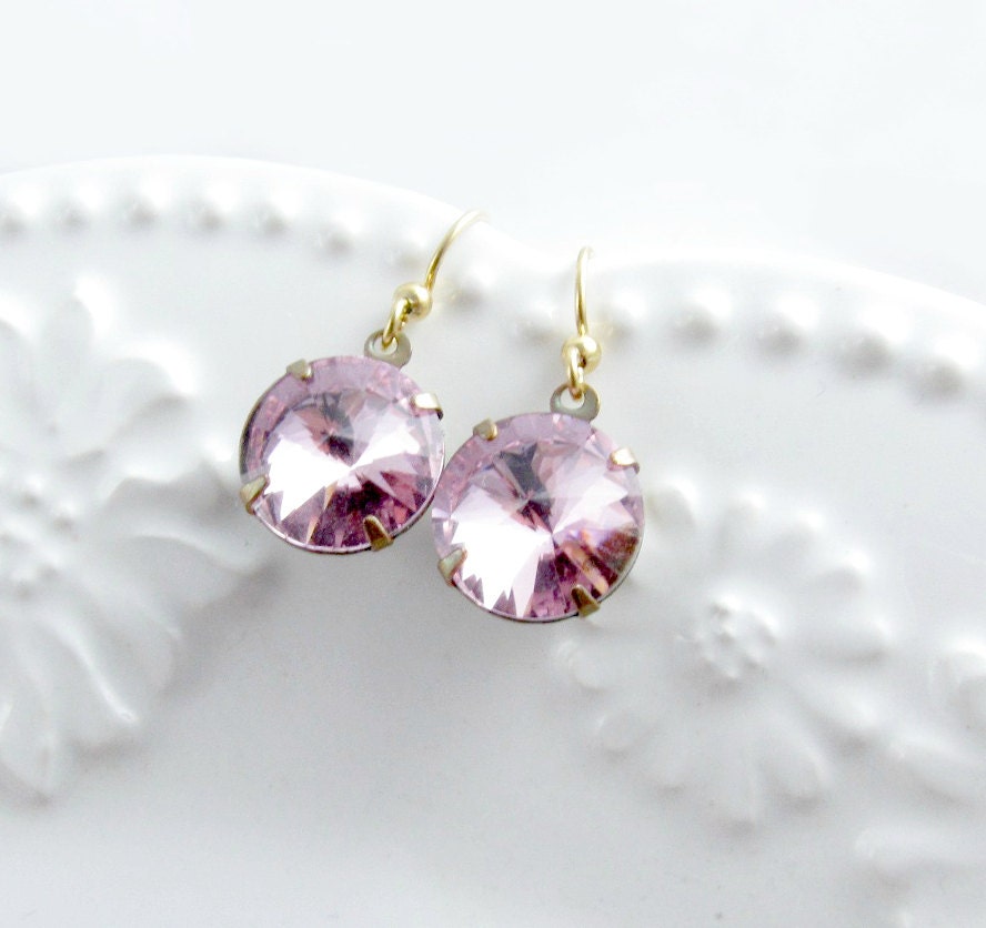 Pink Rhinestone Earrings Rose Pink Round Earrings Valentine Jewelry Vintage Glass Jewels Romantic - Pink Romance
