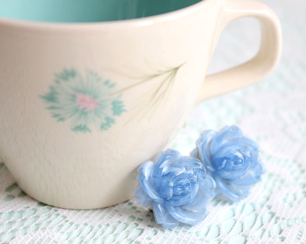 Vintage Blue Flower Clip On Earrings - 50's 60's