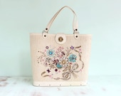 Vintage Wood & Canvas Bejeweled Handbag - Cream Blue Pink Purple