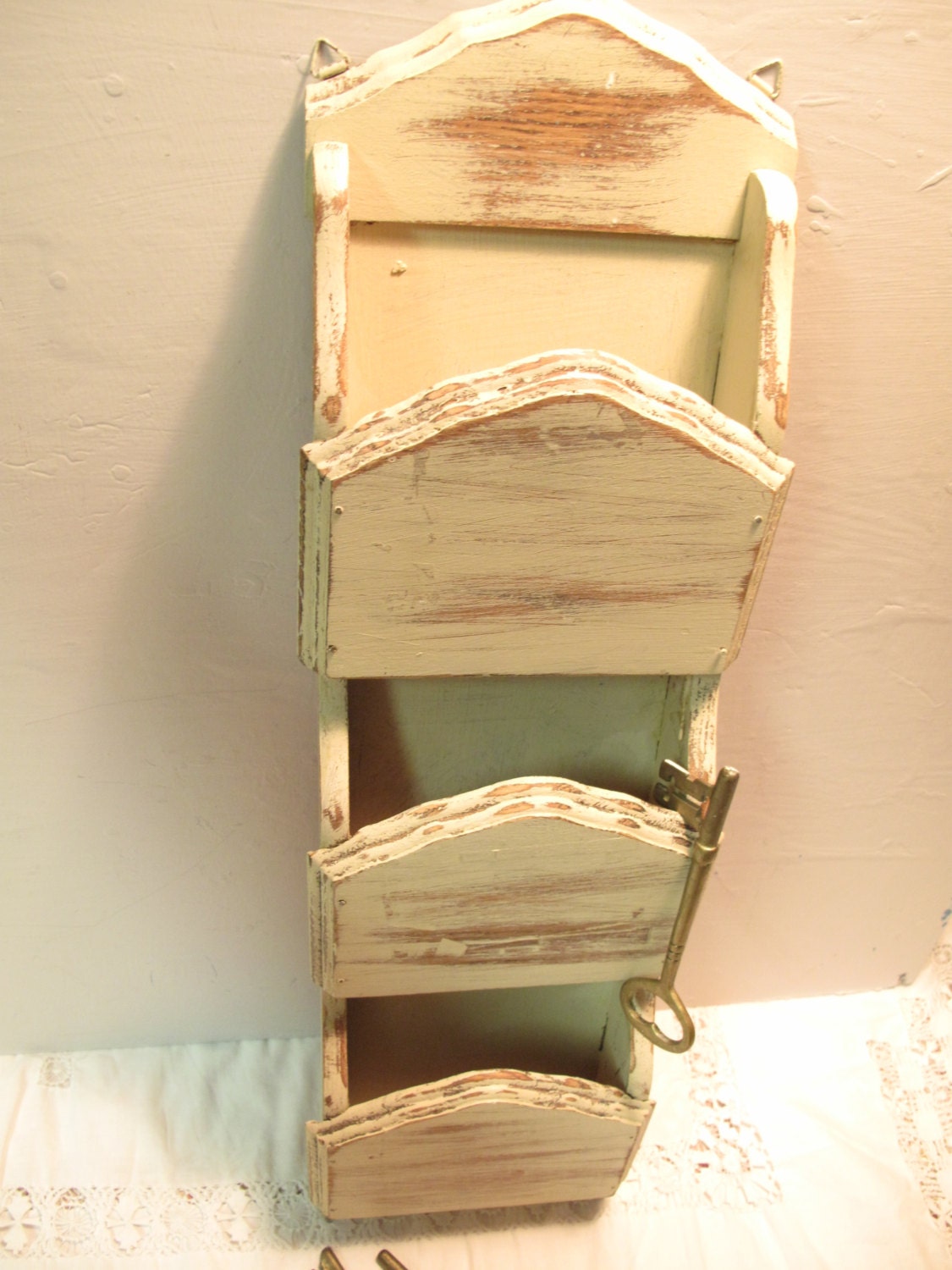 Vintage Upcycled Wood Organizer, Gift, Card/ Letter Holder, Distressed in French Cream