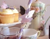 Papillons en Violet. Ten Butterfly Covered Striped Straws in Violet , Cream and White
