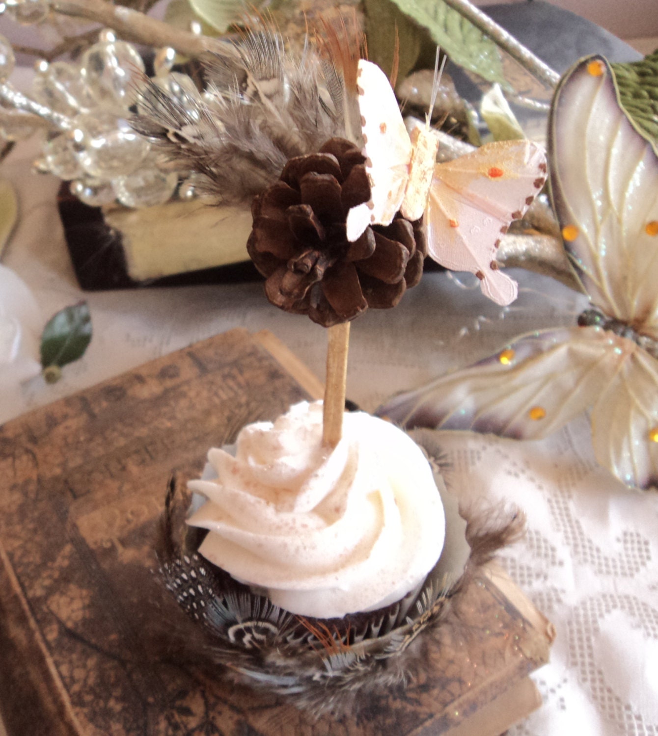 Woodland Toppers. Six Butterfly, Feather and Pinecone Picks for Cupcakes and Appetizers