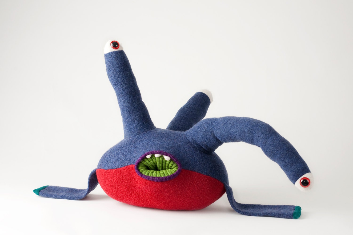 Zonk the plush three eyed monster handmade with upcycled wool sweaters