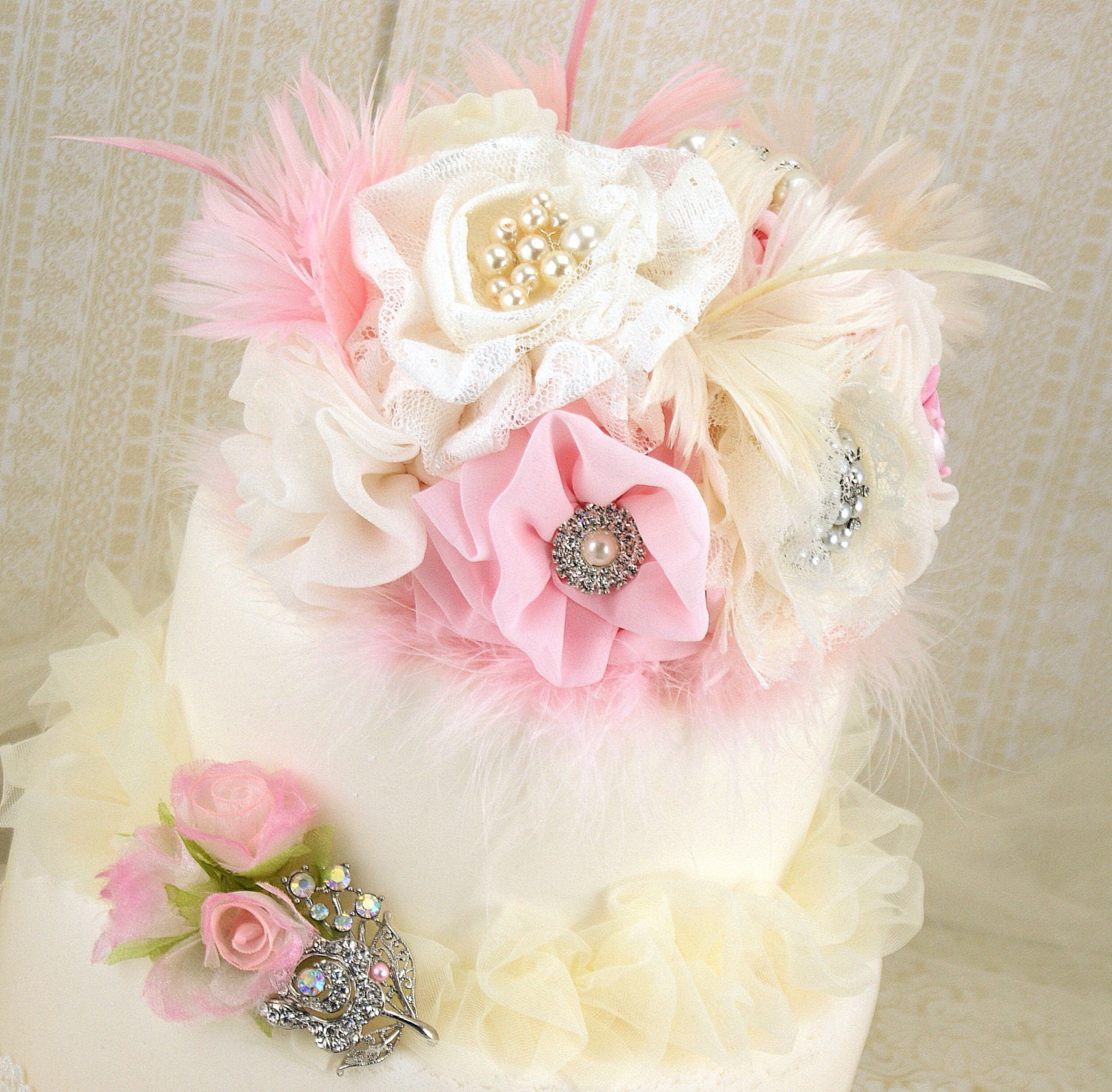 Brooch Cake Topper- Fabric Flower Topper Wedding Cake Topper in Baby Pink, Cream and Ivory with Lace, Pearls, Brooches and Feathers