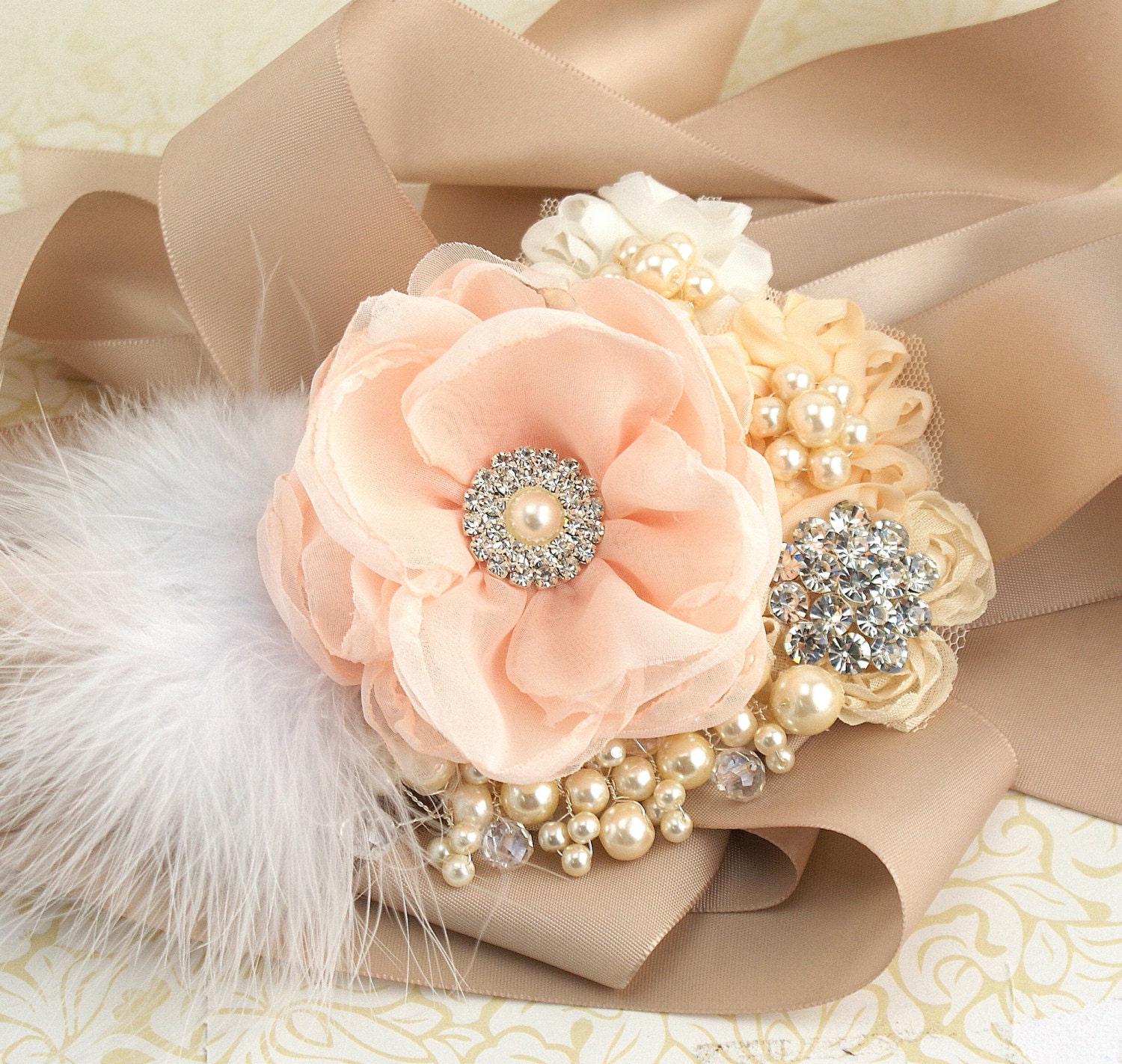 Sash - Bridal Sash in Ivory and White with Satin Flowers, Brooch, Pearls and Crystals - Meghan