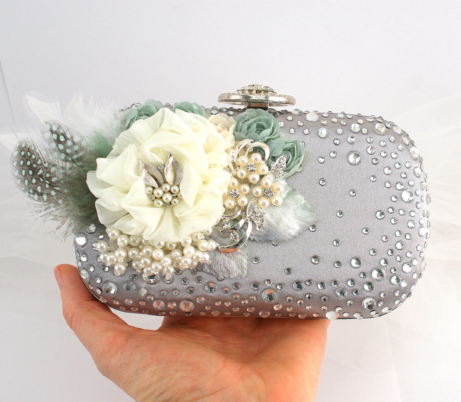 Bridal Clutch - Party Purse Clutch in Silver, Ivory, Seafoam and Vintage Green with Swarovski Crystals, Brooch and Pearls