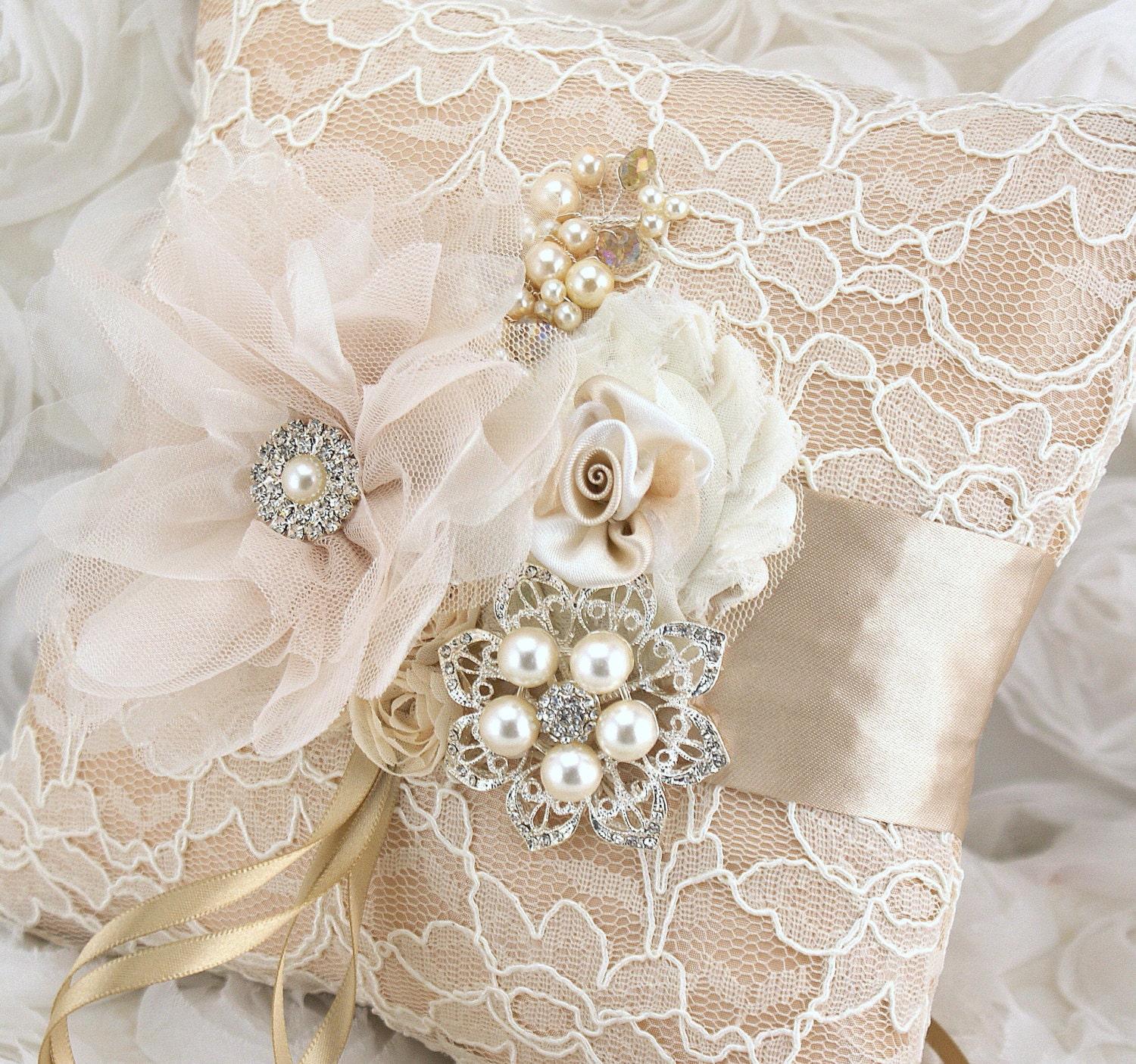 Champagne Ring Bearer Pillow - Bridal Pillow in Champagne, Nude and Ivory with Lace, Brooch, Jewels and Pearls- Vintage Passion