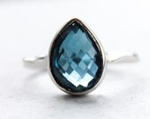 Silver London Blue Topaz Gemstone Ring - Teardrop Stone - Stacking Ring